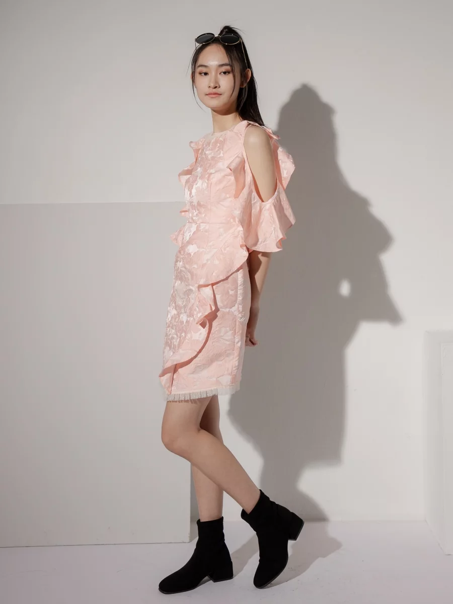 SARALOLO｜Petal Peach Jacquard Ruffle Sleeves Dress