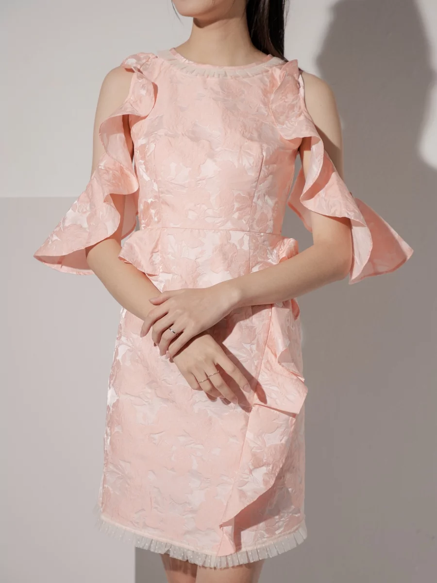 SARALOLO｜Petal Peach Jacquard Ruffle Sleeves Dress