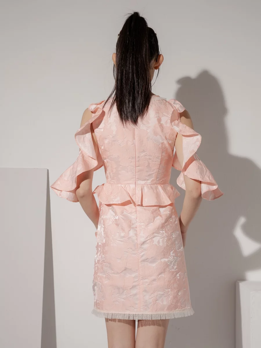 SARALOLO｜Petal Peach Jacquard Ruffle Sleeves Dress