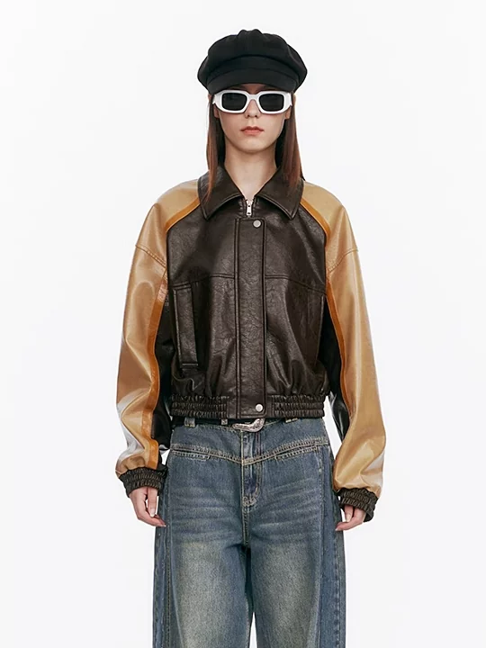 Demode｜Retro Punk Contrast Color Eco-Friendly PU Leather Jacket