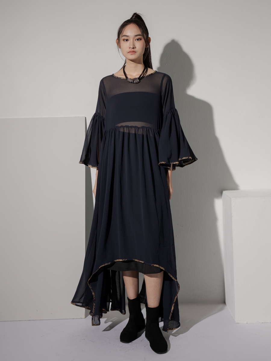 LOOM｜Air Collection Asymmetric Flowery Sleeve Chiffon Dress