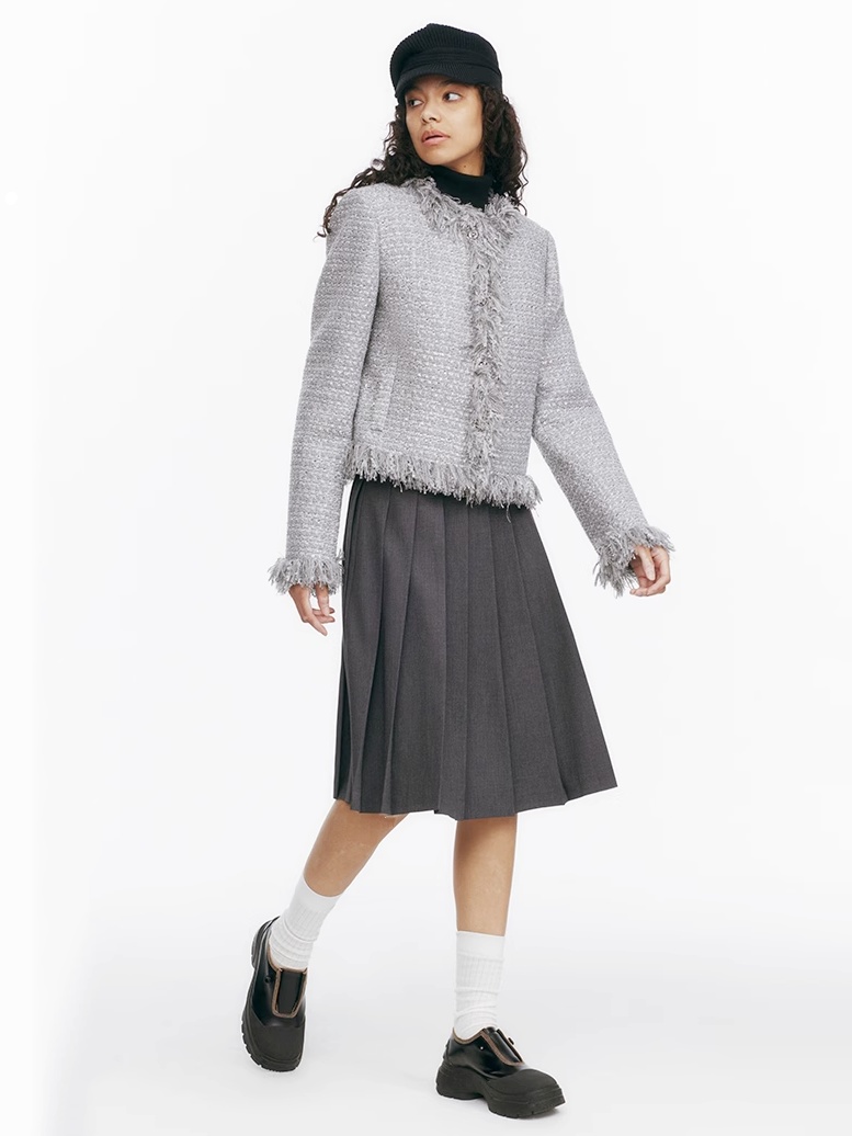 Demode｜Sparkling Fringe-edged Tweed Short Outerwear