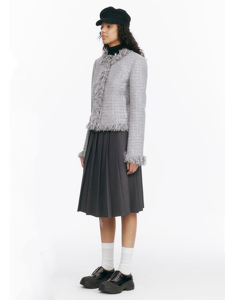 Demode｜Sparkling Fringe-edged Tweed Short Outerwear