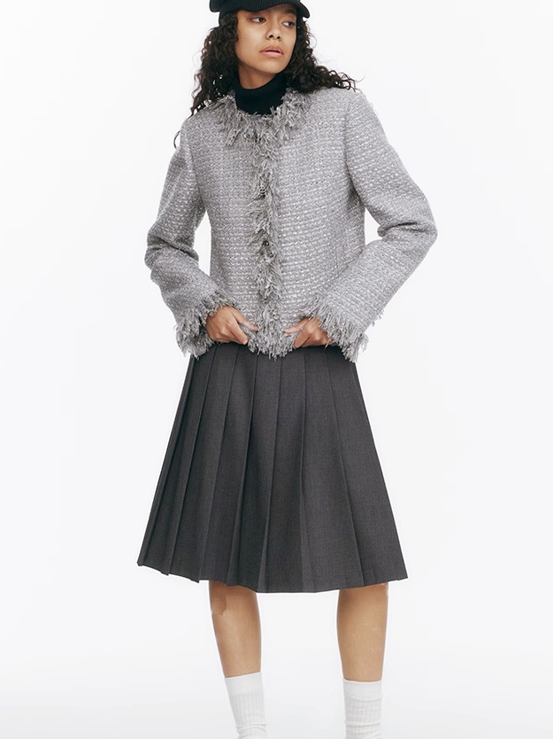 Demode｜Sparkling Fringe-edged Tweed Short Outerwear