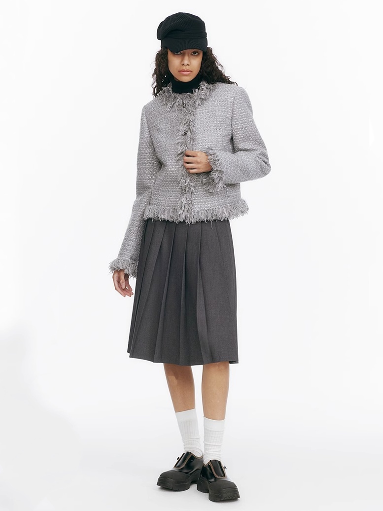 Demode｜Sparkling Fringe-edged Tweed Short Outerwear