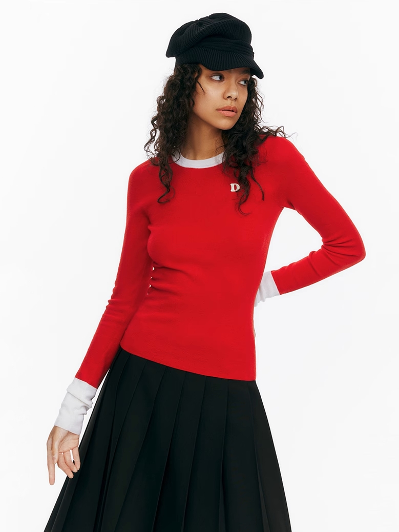 Demode｜Red Contrasting 100% Wool Machine Washable Knit Top