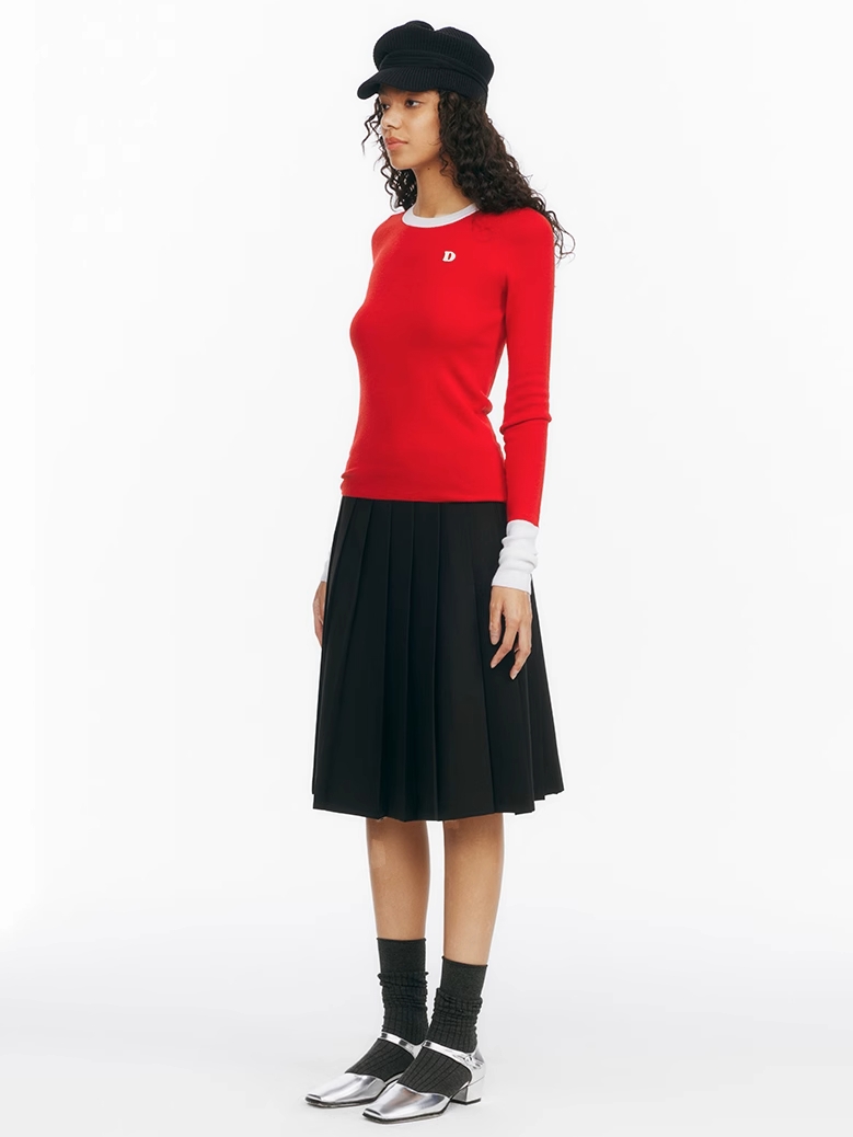 Demode｜Red Contrasting 100% Wool Machine Washable Knit Top