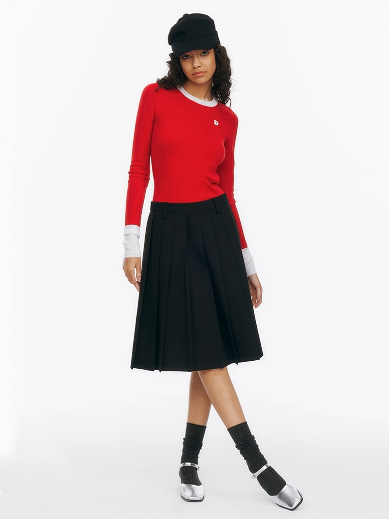 Demode｜Red Contrasting 100% Wool Machine Washable Knit Top