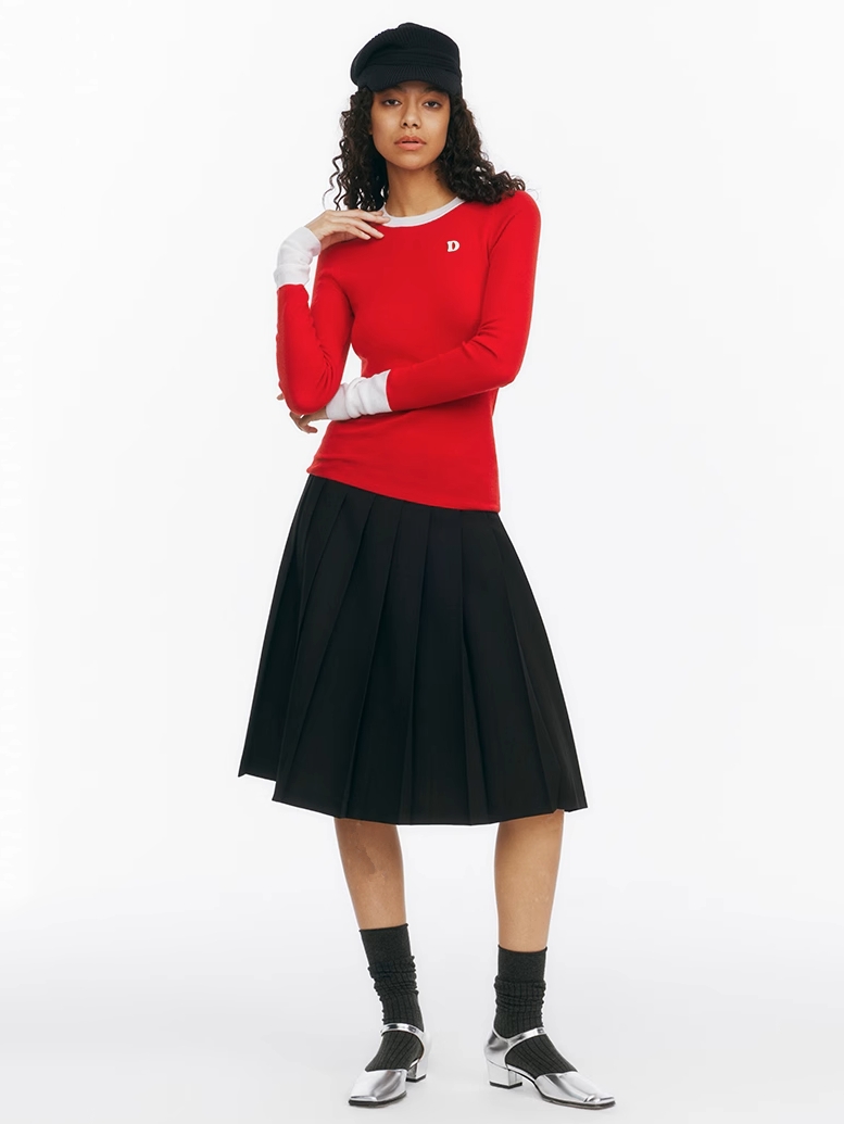 Demode｜Red Contrasting 100% Wool Machine Washable Knit Top