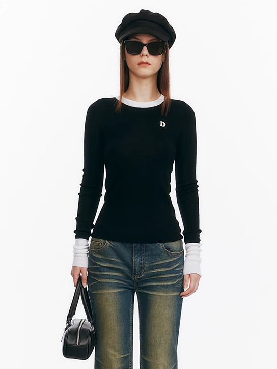 Demode｜Black Contrasting 100% Wool Machine Washable Knit Top