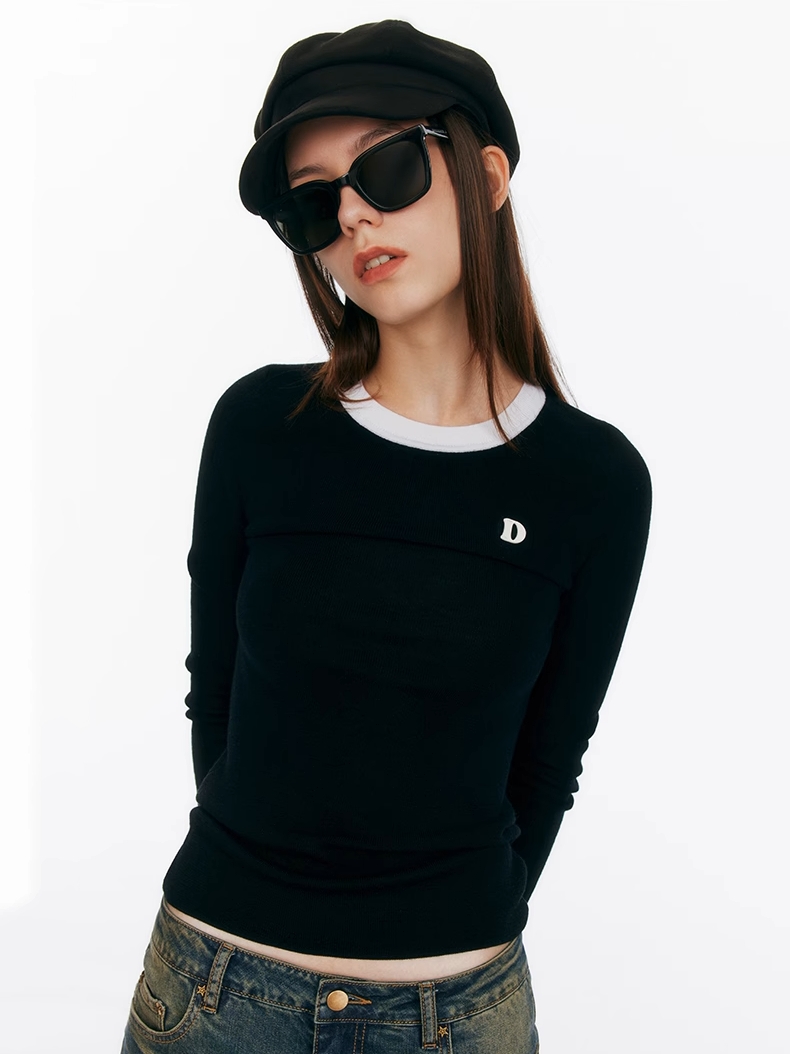 Demode｜Black Contrasting 100% Wool Machine Washable Knit Top