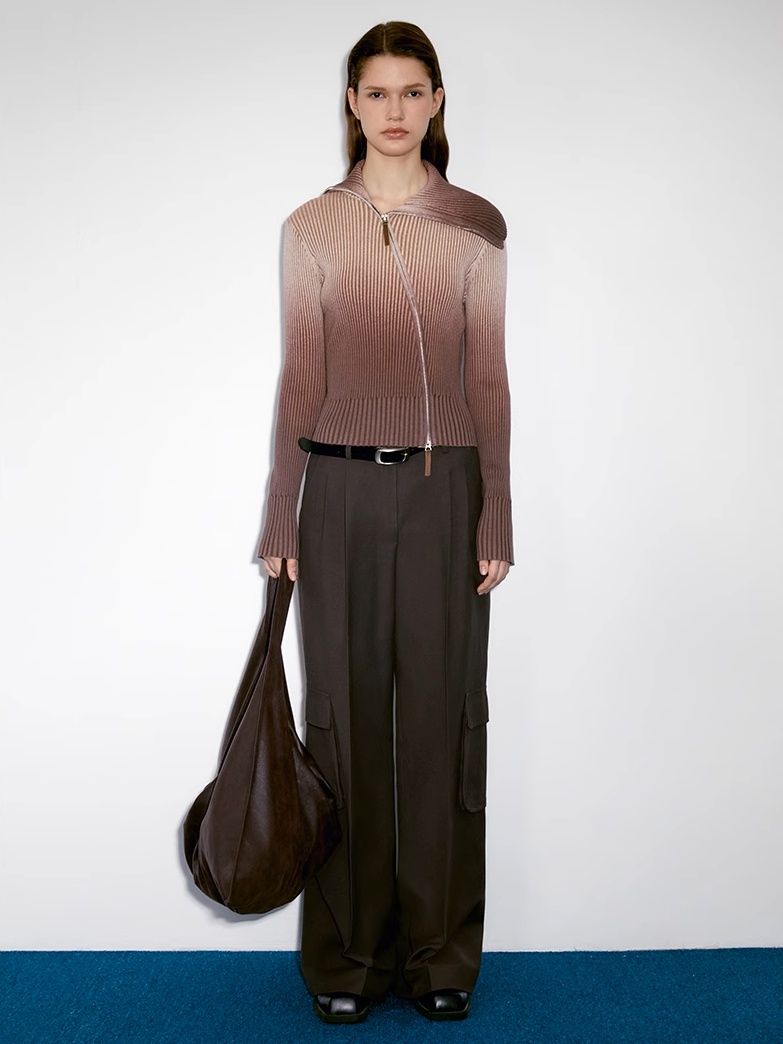 INSIS｜Cashmere Gradient Two-Tone Knit Bias-Zip Cardigan