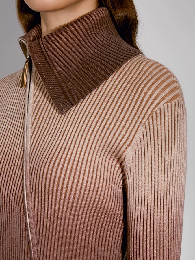 INSIS｜Cashmere Gradient Two-Tone Knit Bias-Zip Cardigan