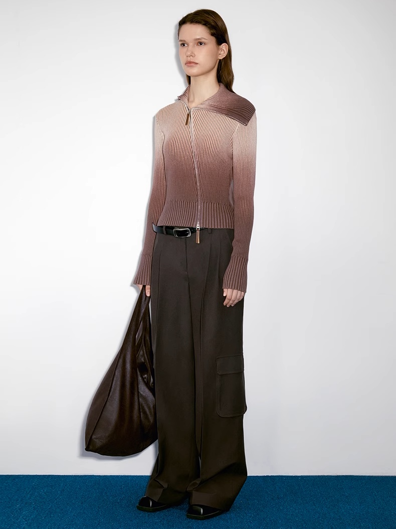 INSIS｜Cashmere Gradient Two-Tone Knit Bias-Zip Cardigan