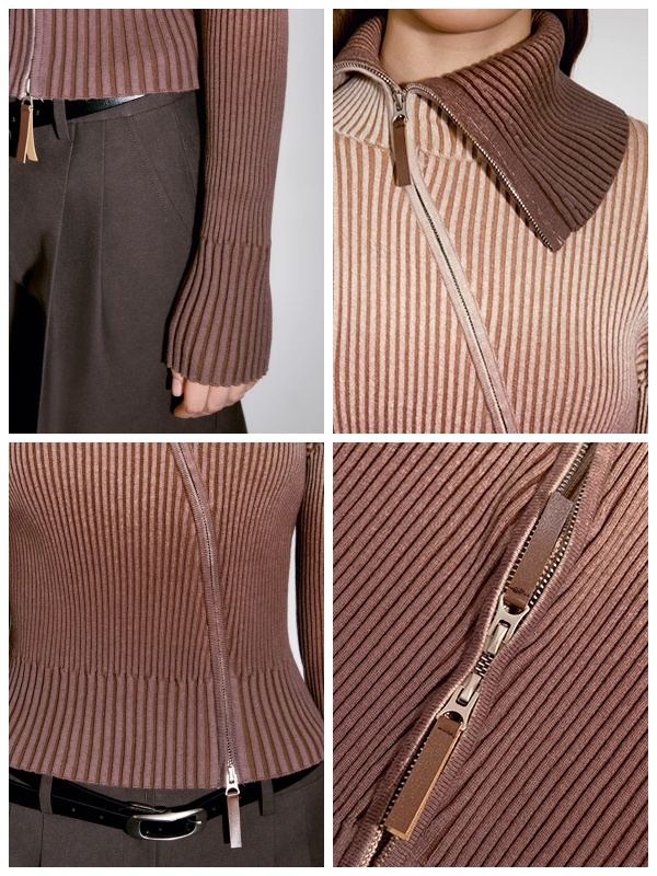 INSIS｜Cashmere Gradient Two-Tone Knit Bias-Zip Cardigan