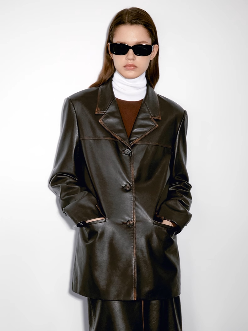 INSIS｜Retro Yuppie Silk Wax-Feel Hand-Rubbed Straight Leather Blazer