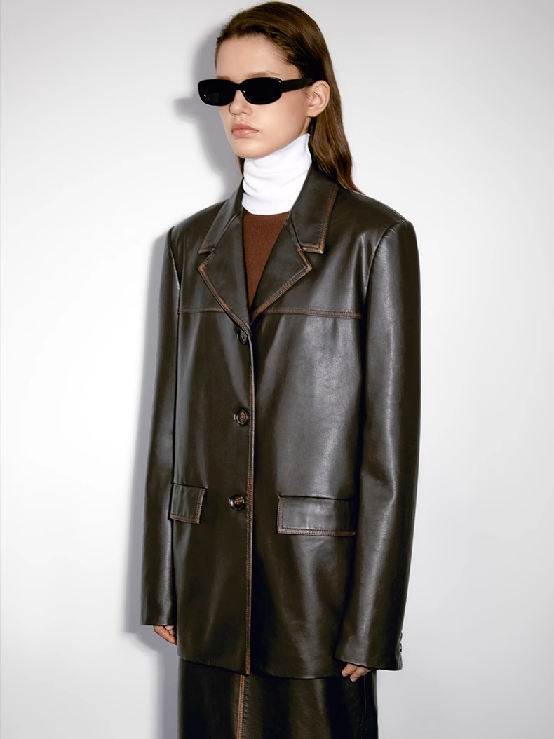 INSIS｜Retro Yuppie Silk Wax-Feel Hand-Rubbed Straight Leather Blazer