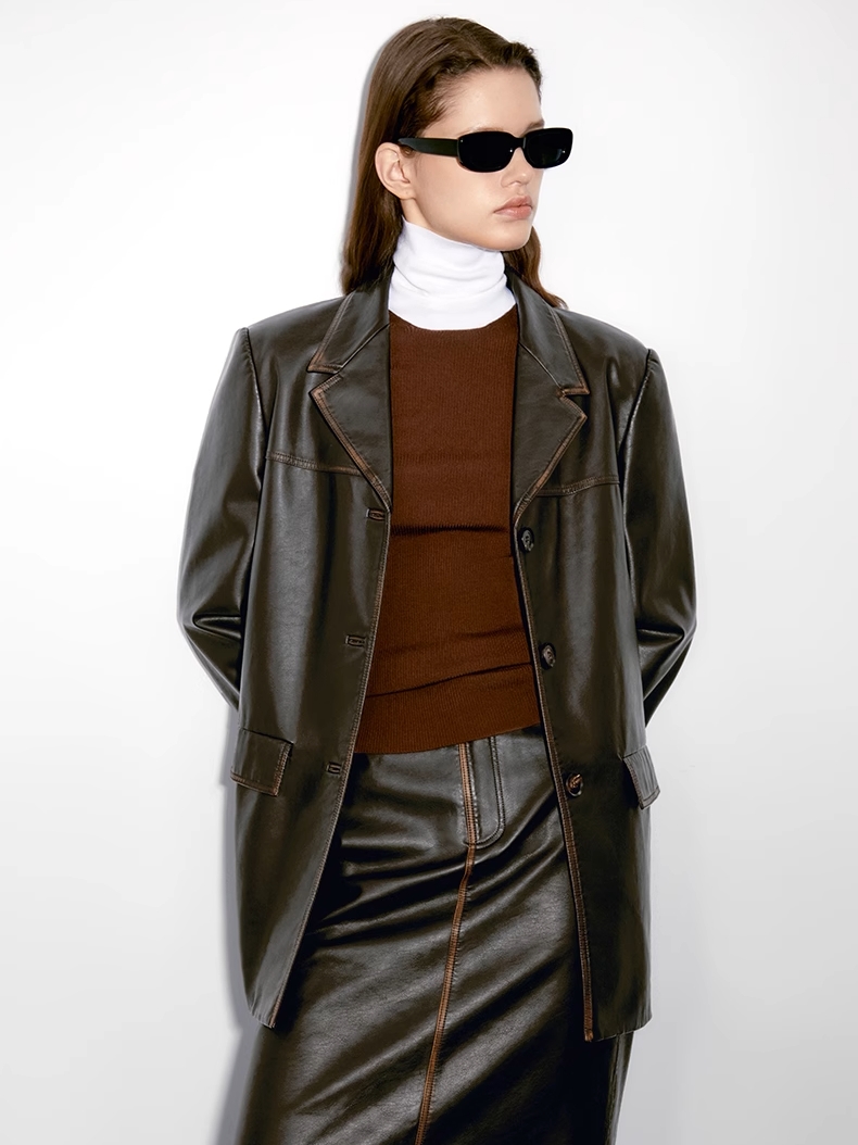 INSIS｜Retro Yuppie Silk Wax-Feel Hand-Rubbed Straight Leather Blazer