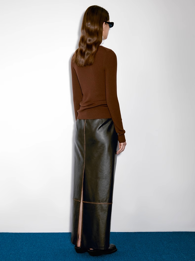 INSIS｜Retro Yuppie Silk Wax-Feel Hand-Rubbed Straight Leather Skirt