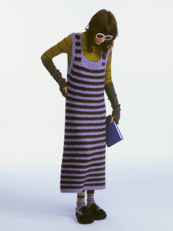 Demode｜Retro Purple Striped Camisole Knitted Dress