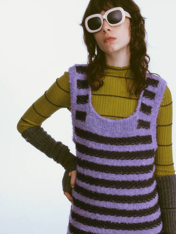 Demode｜Retro Purple Striped Camisole Knitted Dress