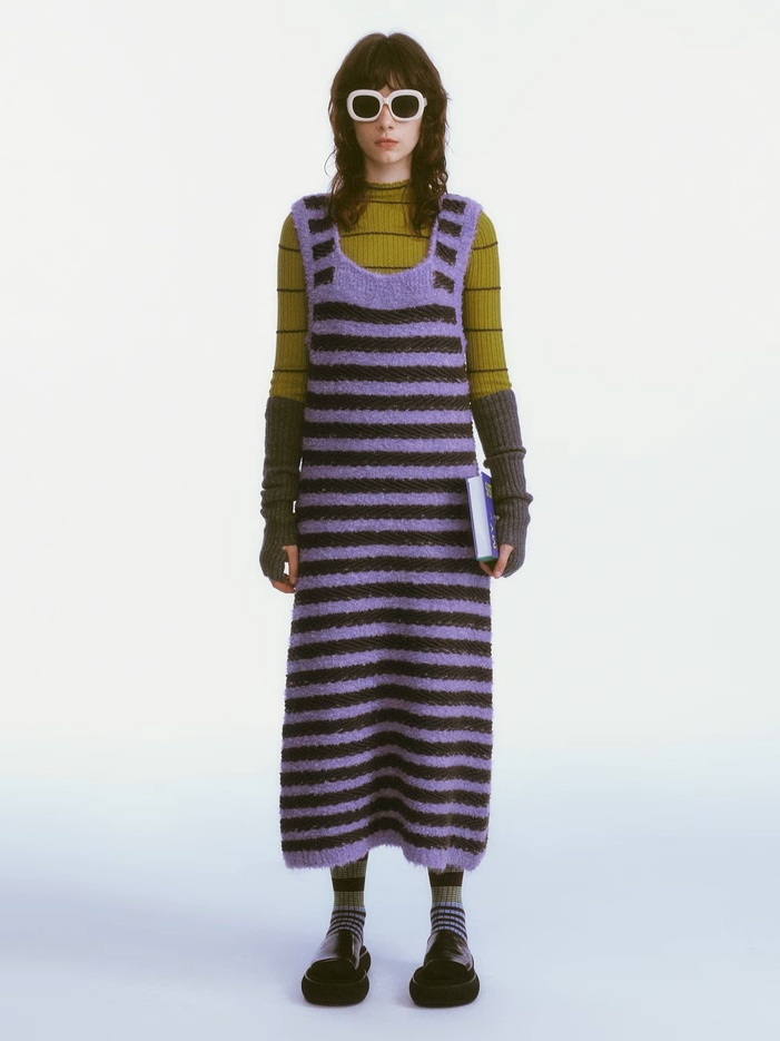 Demode｜Retro Purple Striped Camisole Knitted Dress