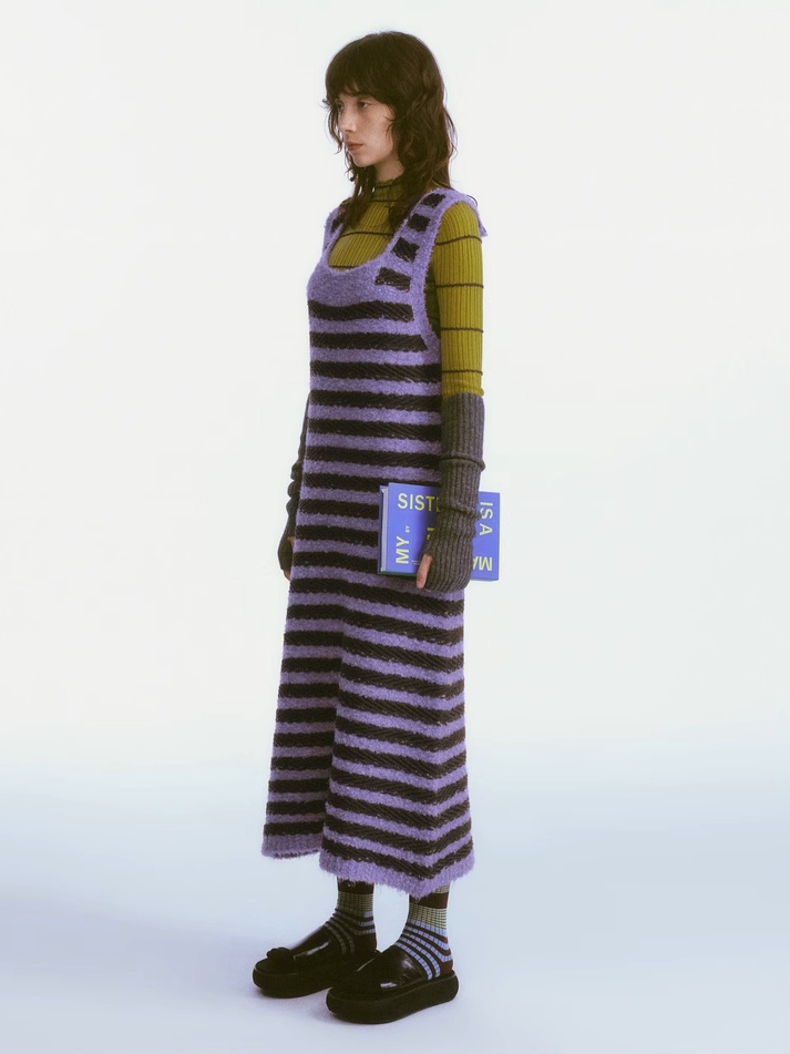 Demode｜Retro Purple Striped Camisole Knitted Dress