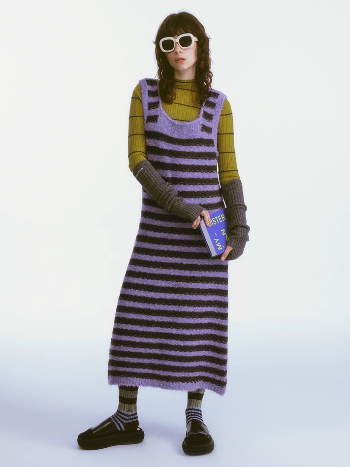 Demode｜Retro Purple Striped Camisole Knitted Dress