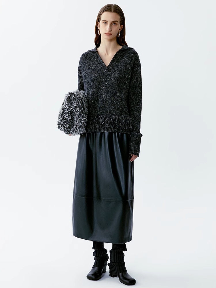 INSIS｜Luxury Style Wool Dotted Yarn V-Neck Fringed Knitted Top