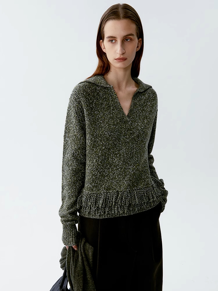 INSIS｜Luxury Style Wool Dotted Yarn V-Neck Fringed Knitted Top