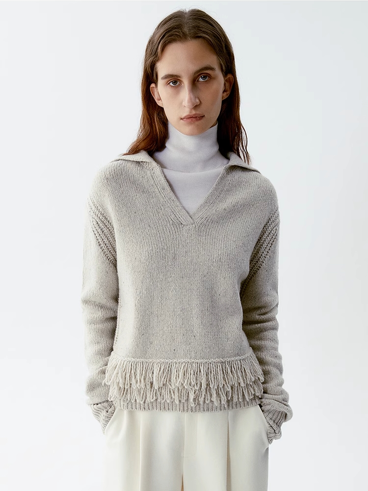 INSIS｜Luxury Style Wool Dotted Yarn V-Neck Fringed Knitted Top