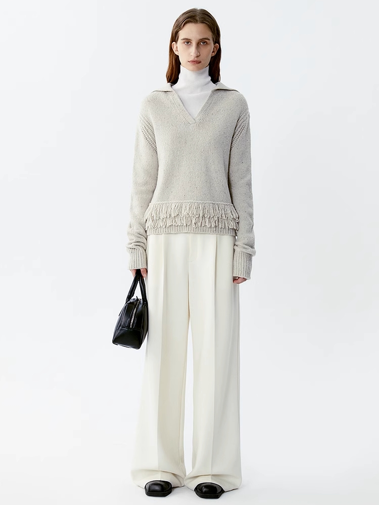 INSIS｜Luxury Style Wool Dotted Yarn V-Neck Fringed Knitted Top