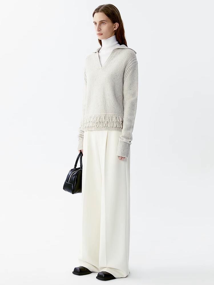 INSIS｜Luxury Style Wool Dotted Yarn V-Neck Fringed Knitted Top