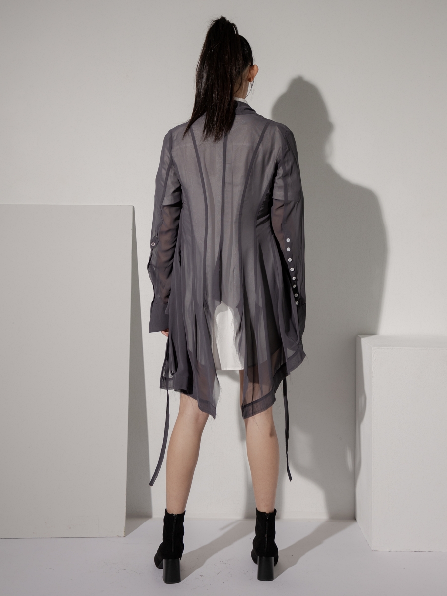 LOOM｜Hazy Gray Sleeve Buttoned Shaping Back Panel Chiffon Blouse