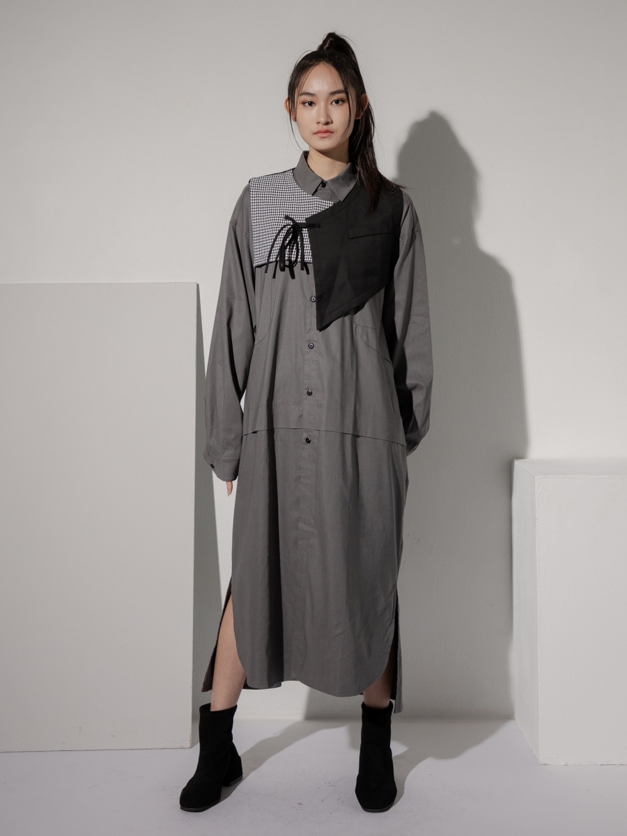 LOOM｜Oversized Weaving Panel Grey Shirt Dress