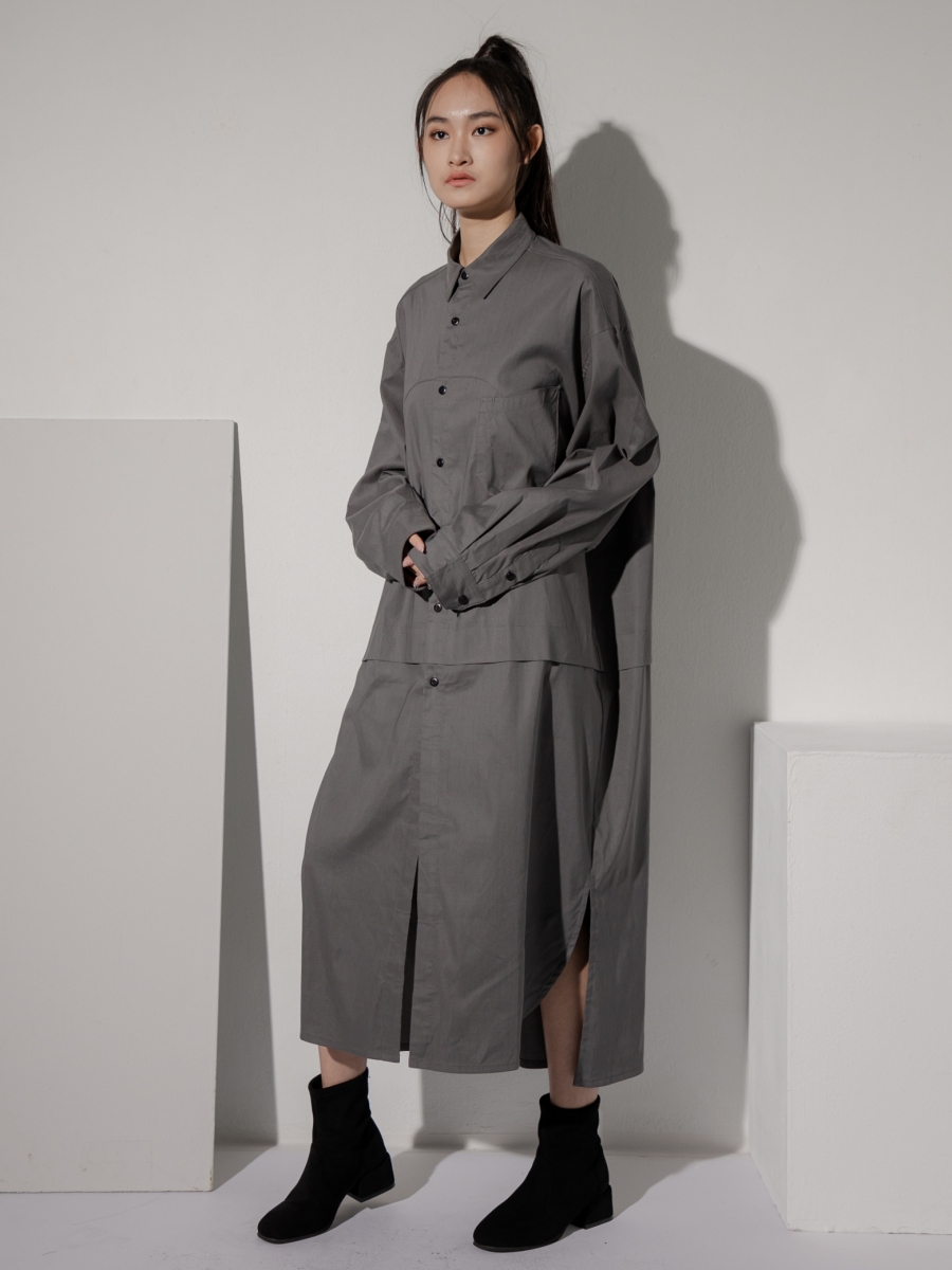 LOOM｜Oversized Weaving Panel Grey Shirt Dress