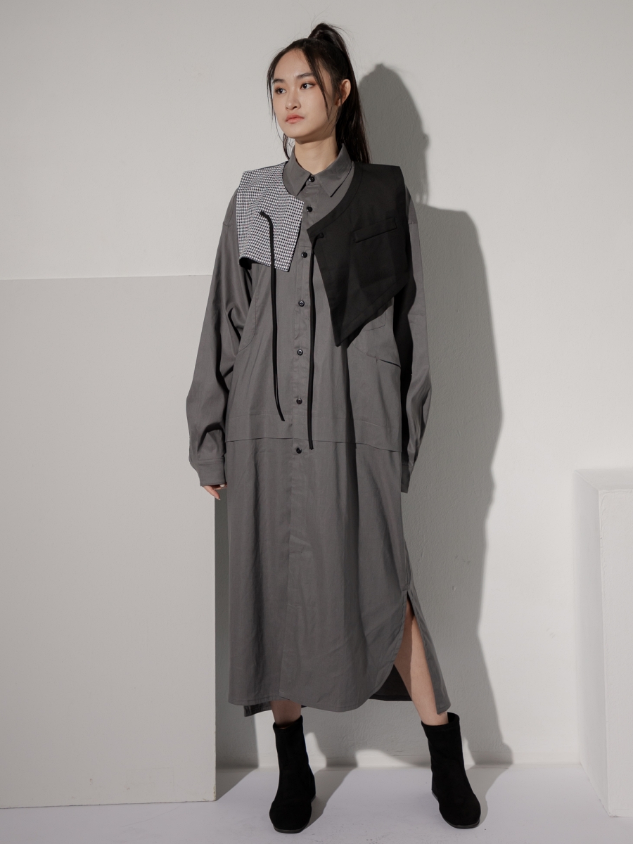 LOOM｜Oversized Weaving Panel Grey Shirt Dress