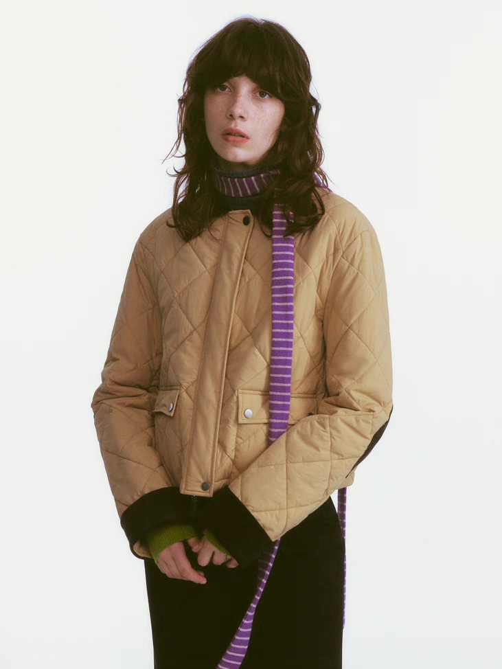 Demode｜Retro Patchwork Diamond Check Light Cotton Short Jacket