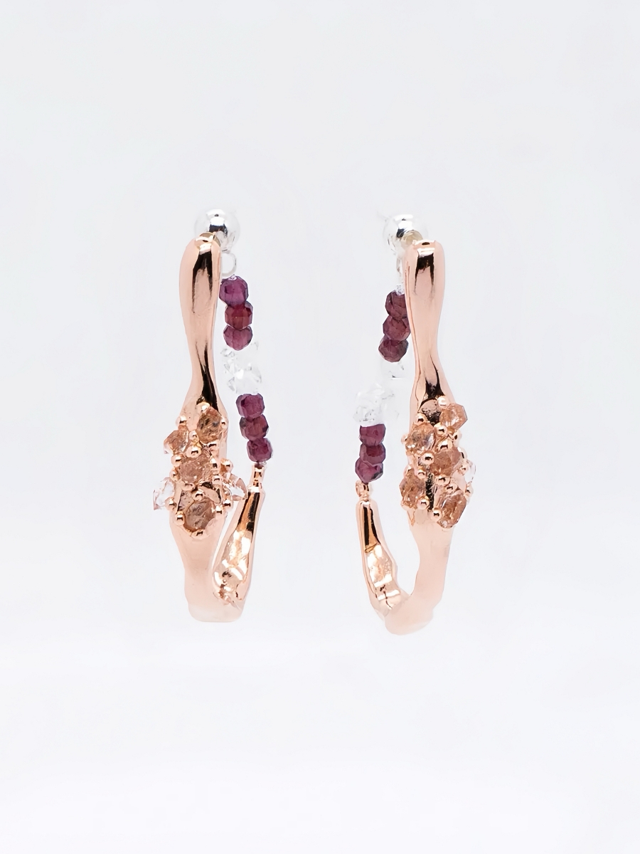 Space Ice｜ Magenta Mist - Herkimer Diamond Hoop Earrings (Rose Gold Plated)