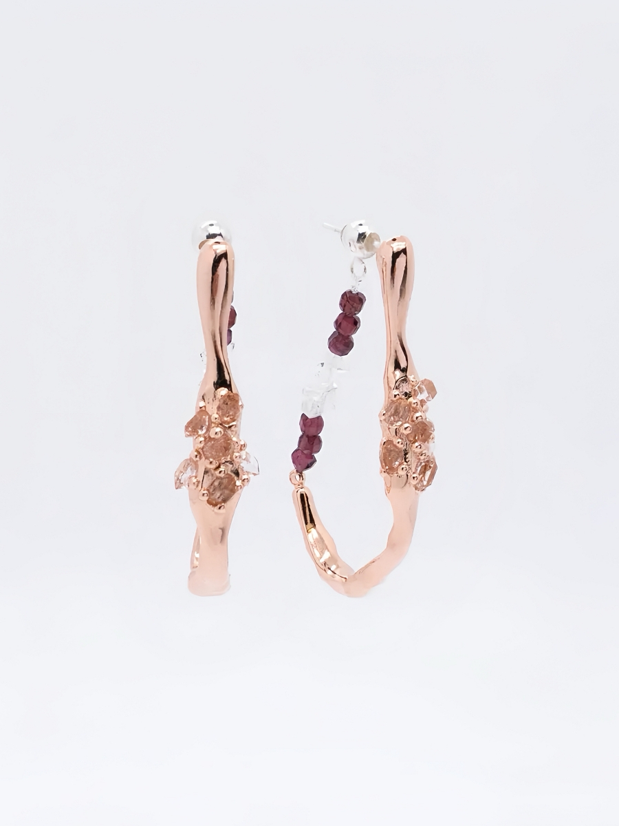 Space Ice｜ Magenta Mist - Herkimer Diamond Hoop Earrings (Rose Gold Plated)