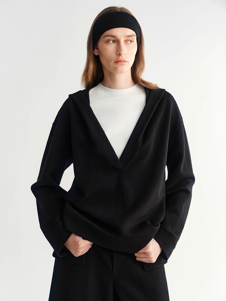 INSIS｜Fashionable Slightly Wrinkled Large V-Neck Hooded Top