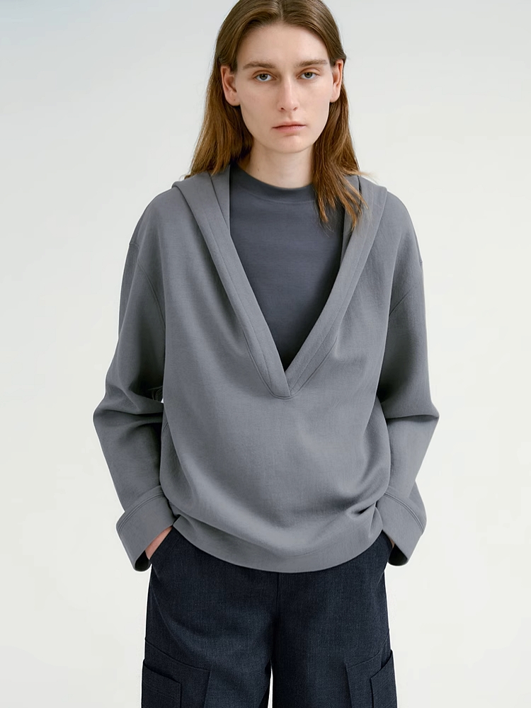 INSIS｜Fashionable Slightly Wrinkled Large V-Neck Hooded Top