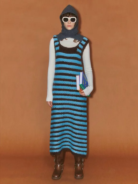 Demode｜Retro Blue Striped Camisole Knitted Dress