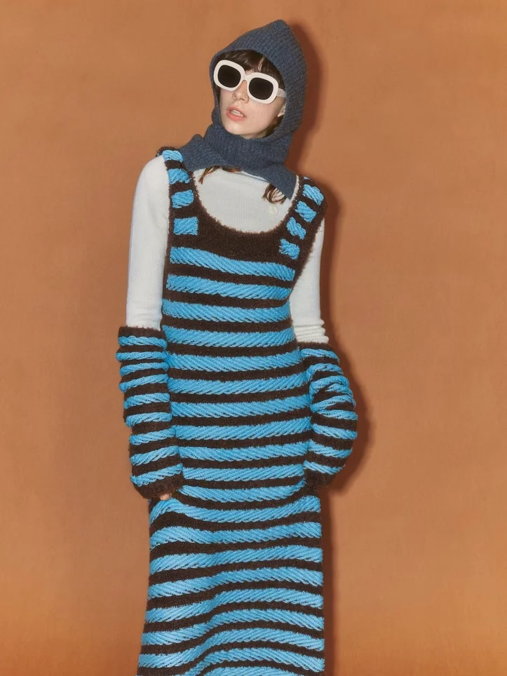 Demode｜Retro Blue Striped Camisole Knitted Dress