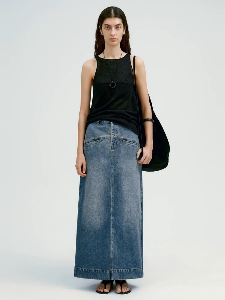 INSIS｜Retro Straight Denim Long Skirt With Diagonal Pockets