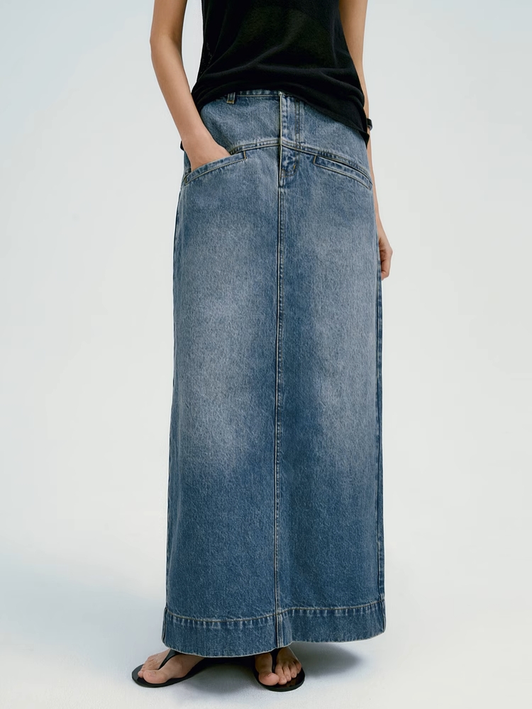 INSIS｜Retro Straight Denim Long Skirt With Diagonal Pockets