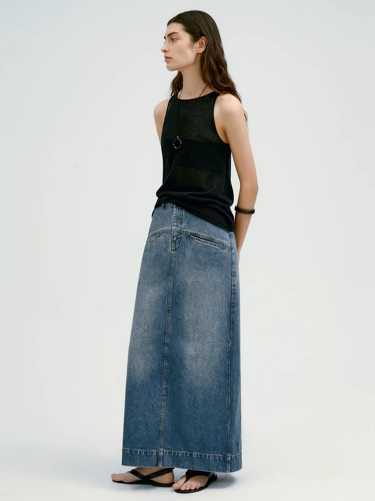 INSIS｜Retro Straight Denim Long Skirt With Diagonal Pockets