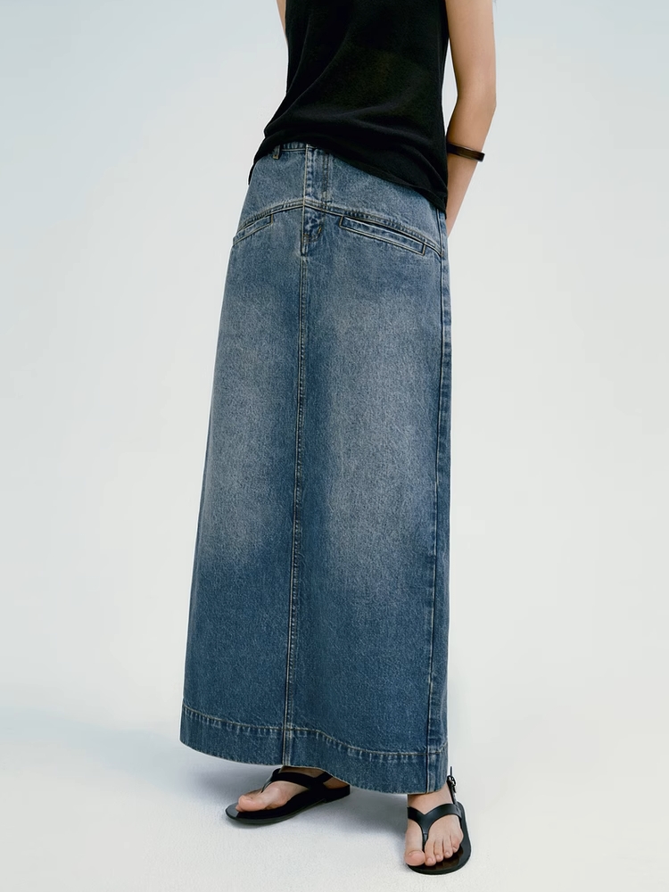 INSIS｜Retro Straight Denim Long Skirt With Diagonal Pockets