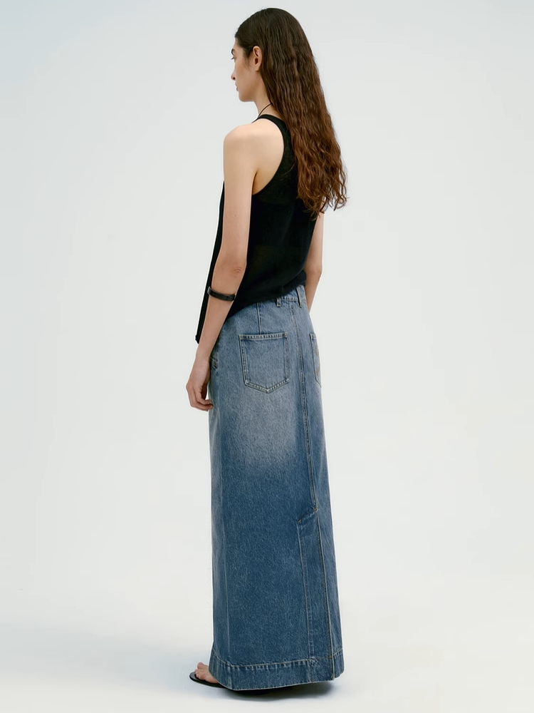 INSIS｜Retro Straight Denim Long Skirt With Diagonal Pockets