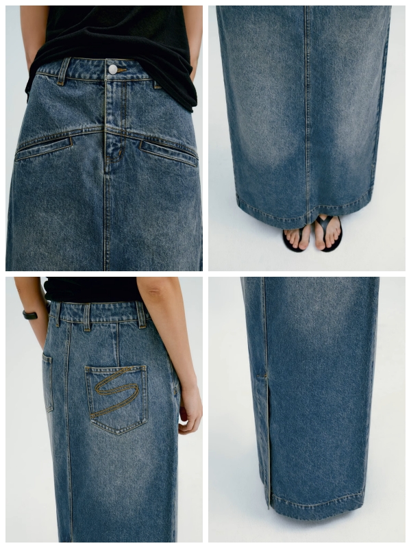 INSIS｜Retro Straight Denim Long Skirt With Diagonal Pockets